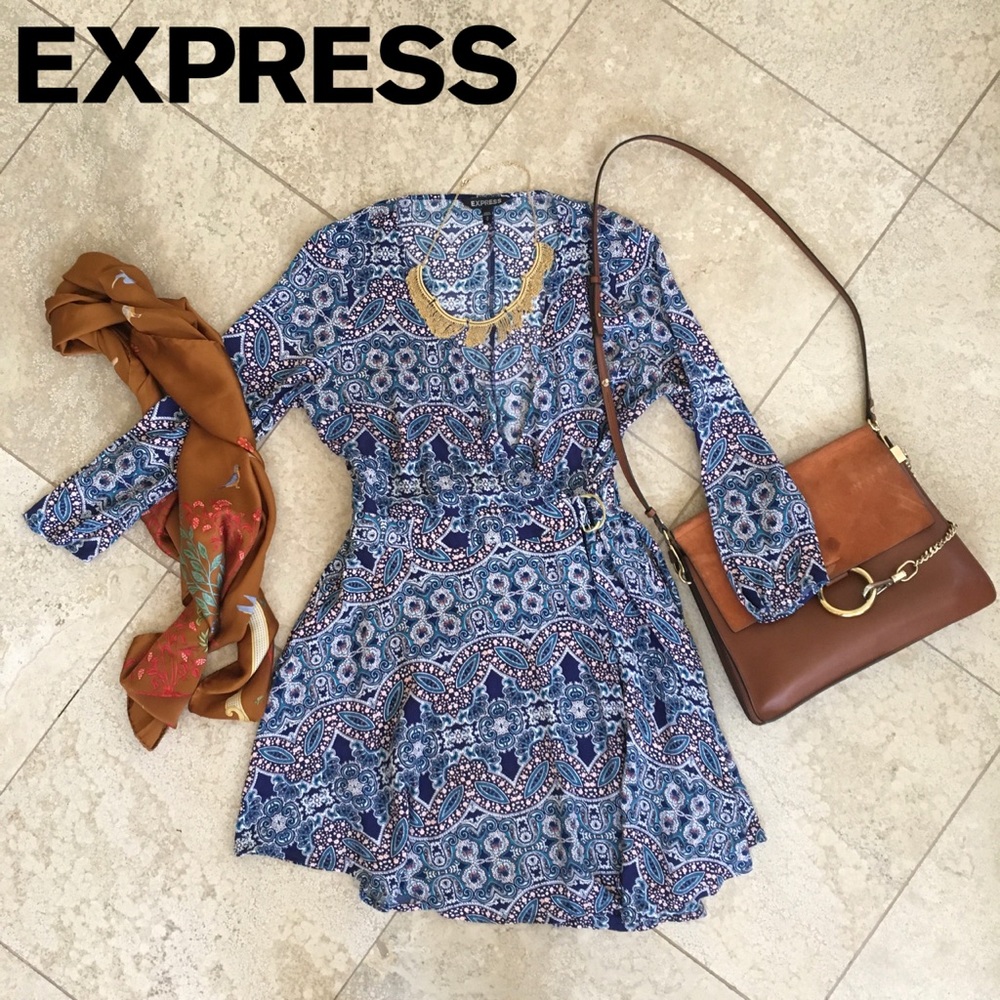 Express Paisley Print Belted Wrap Dress